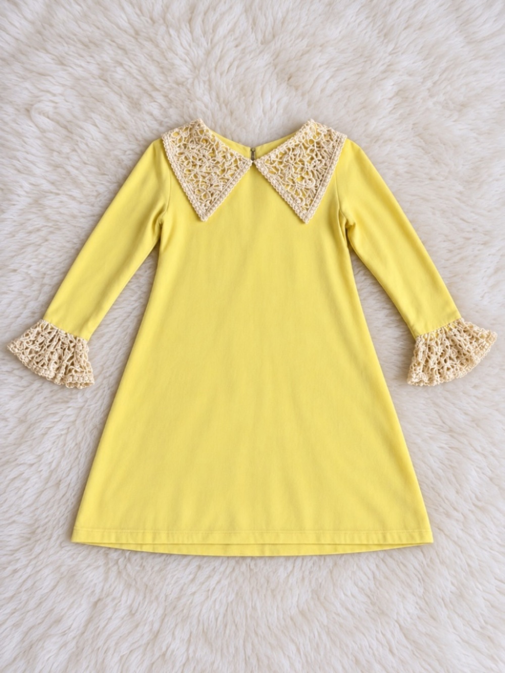 1960s Union ILGWU Yellow Mini Dress with Crochet Lace Collar & Cuffs -